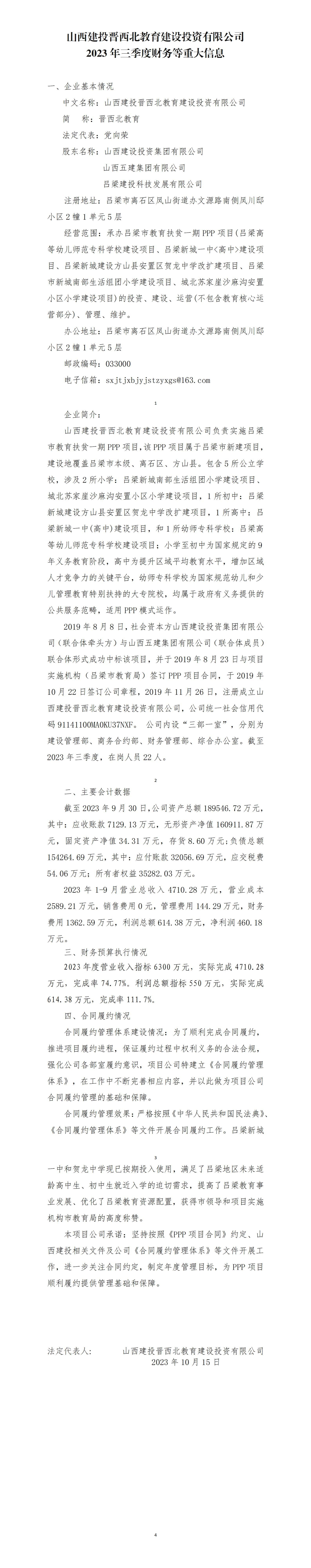 山西建投晋西北教育尊龙凯时投资有限公司2023年三季度财务等重大信息